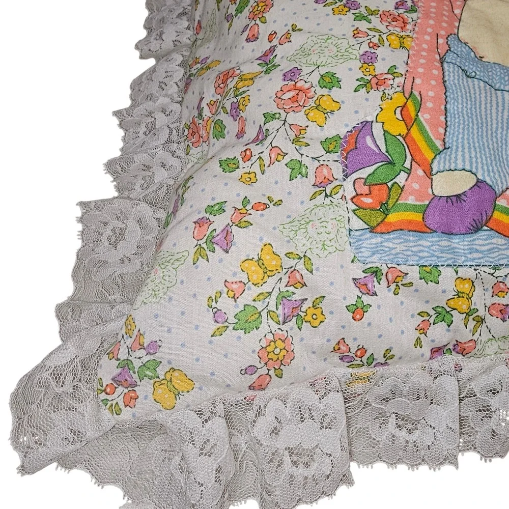 80s‎ Cabbage Patch Kids Lace Trim Throw Pillow Handmade Floral Rainbow Cottage